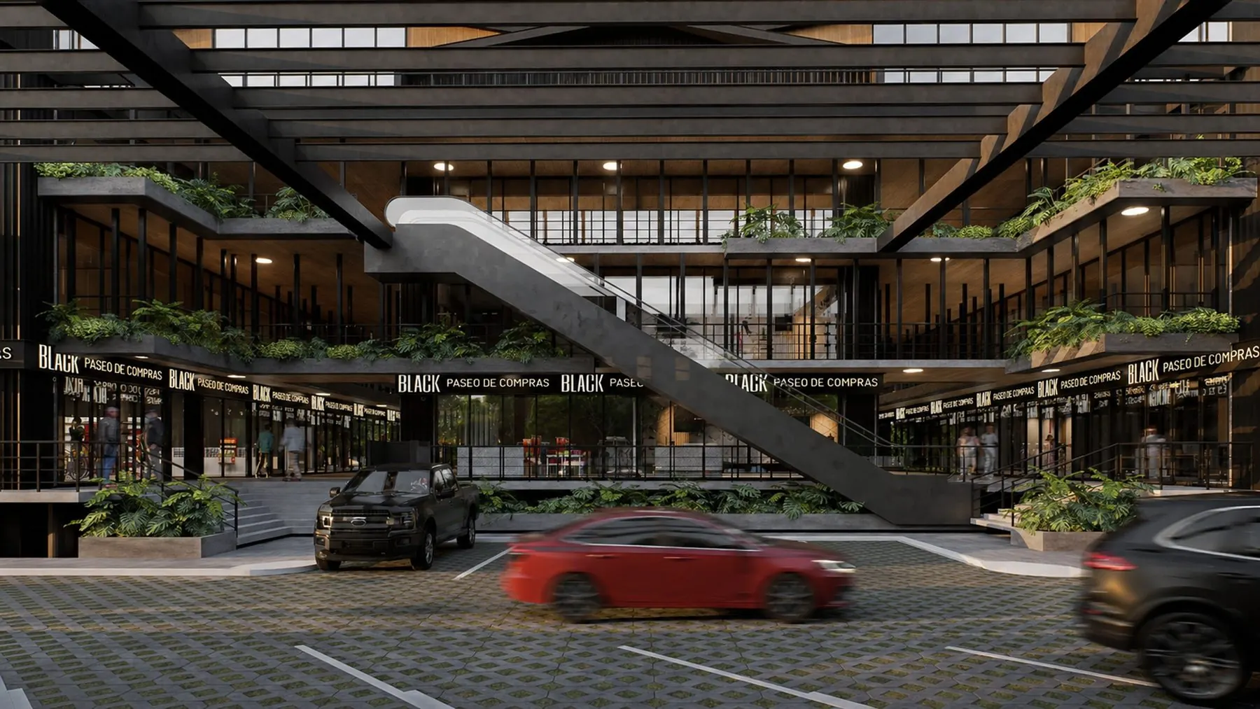 Patio central con escaleras y locales en doble altura
