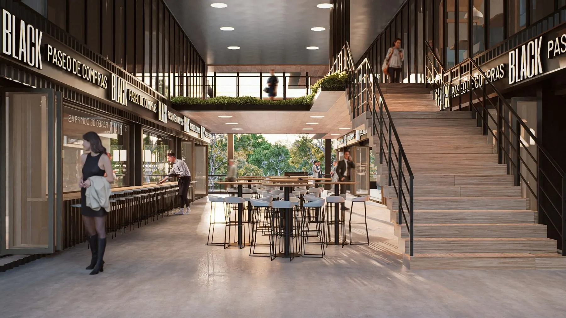 Foyer en doble altura con escalera y gastronomía