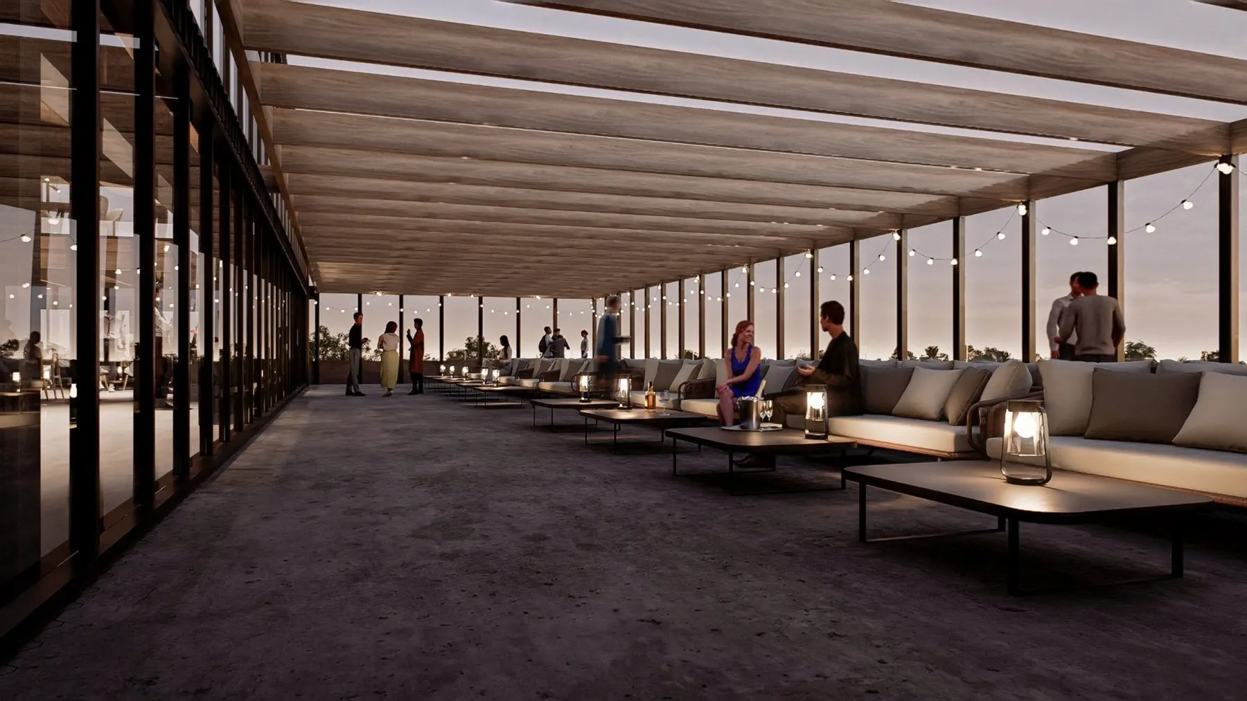 Lounge del rooftop al atardecer